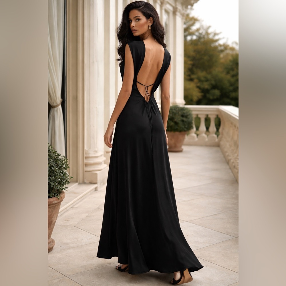 Faithfull The Brand Paloma Maxi Dress Black Silk Open Back NWT XS US 2 - Picture 1 of 10